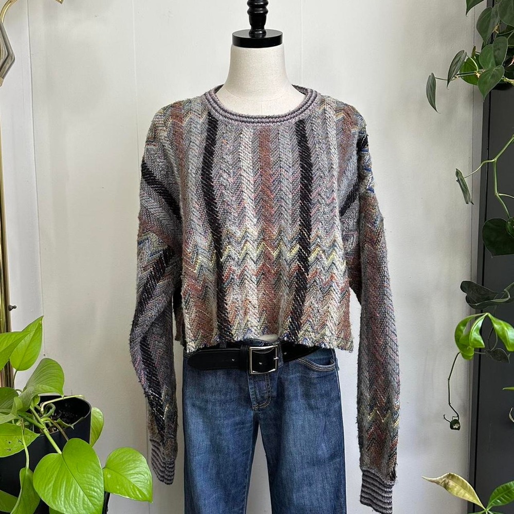 Jantzen Sport Vintage 90s Cropped Wool Blend Zigzag Stripe Sweater Grey Brown L